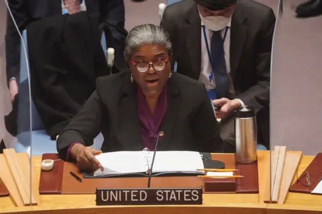 US Ambassador to the UN Linda Thomas-Greenfield speaks at an emergency meeting of the UN Security Council in New York. Photo: 21 February 2022