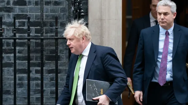 Prime Minister, Boris Johnson leaves 10 Downing Street in London followed by his Chief of Staff, Stephen Barclay after chairing a meeting of the Government"s Cobra emergency committee to discuss latest developments regarding Ukraine.