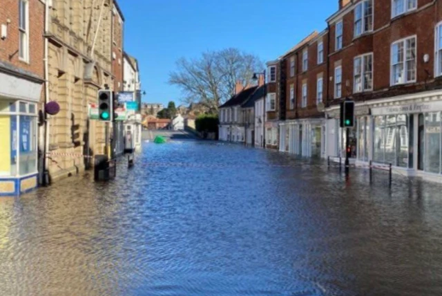 Bridge Street in Tadcaster when it was flooded