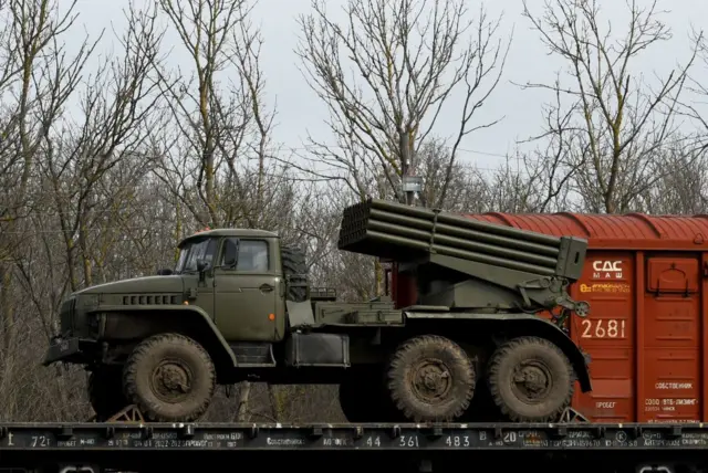 A Russian military vehicle seen about 50km from the Donetsk border on Wednesday