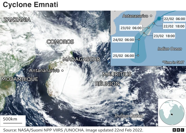 Cyclone Emnati's expected trajectory.