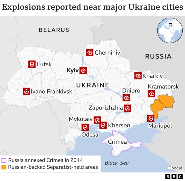 Map showing strikes across Ukraine