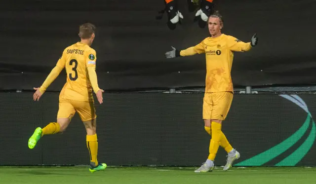 Bodo's  Ola Solbakken (R)celebrates making it 1-0