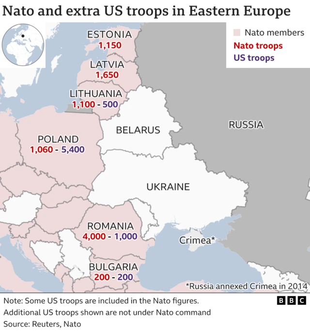 Map showing members around Ukraine and additional US troops deployed there