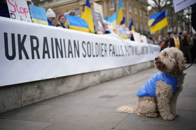 Ukrainians hold a protest against the Russian invasion of Ukraine outside Downing Street