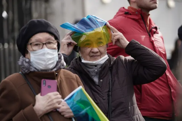 Ukrainians hold a protest against the Russian invasion of Ukraine outside Downing Street