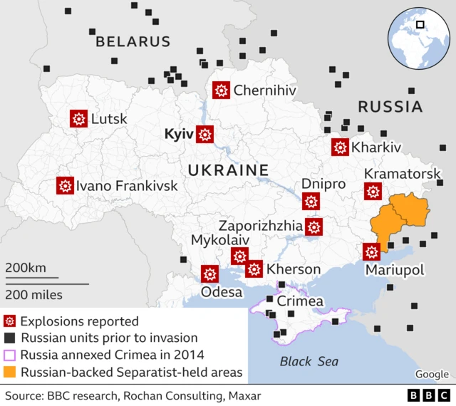 Map showing attack areas