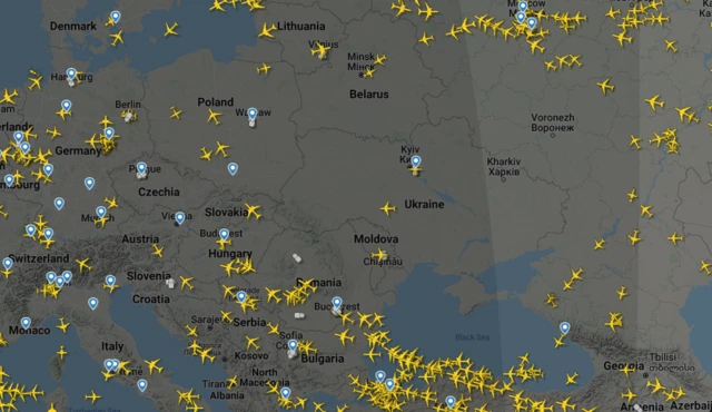 A screengrab from Flightradar 24 website at 02:45 GMT shows a single aircraft in Ukraine's airspace