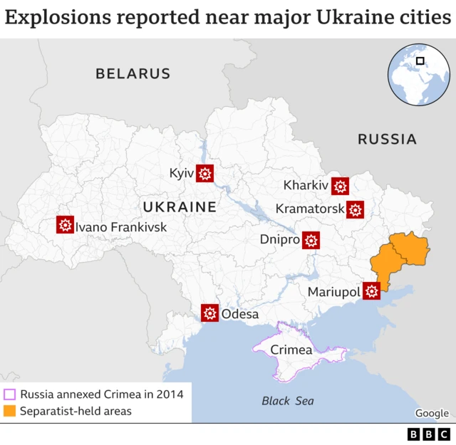 Map showing explosions reported near major Ukraine cities