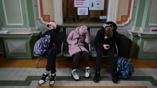 A view of a reception point for refugees from Ukraine established at the train station in Przemysl, southeastern Poland, 25 February 202