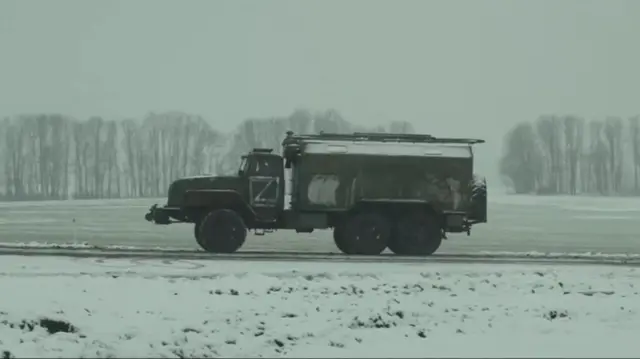 Military vehicle near main road from Belgorod in Russia to Kharkiv in Ukraine