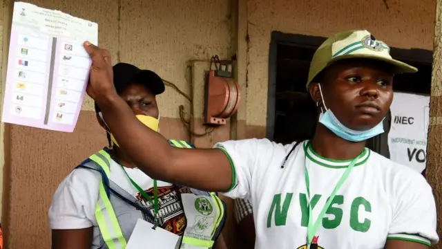 A Nigerian election official holding up a ballot paper