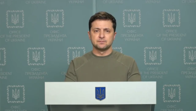 Ukrainian President Volodymyr Zelensky makes a video address to the nation on 24 February 2022