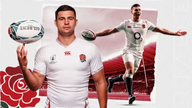 A graphic showing pictures of Ben Youngs spinning a rugby ball and celebrating