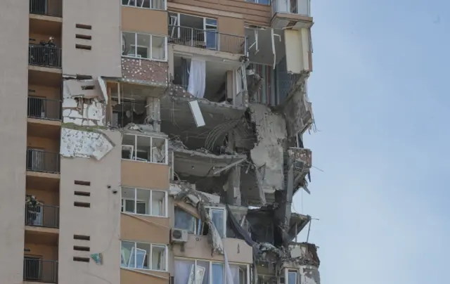 A high-rise apartment block which was hit by shelling in Kiev, Ukraine, 26 February 2022.