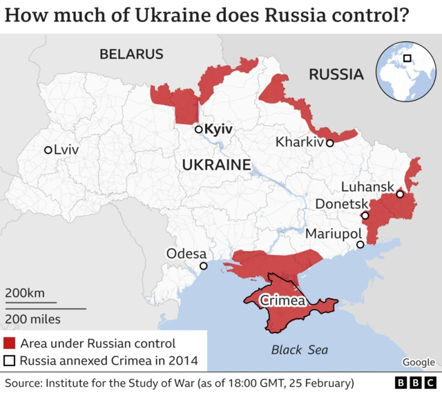 Map showing how much of Ukraine is under Russian control