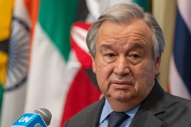 Secretary-General of the United Nations António Manuel de Oliveira Guterres speaks after the United Nations security council's emergency meeting to discuss the threat of a full-scale invasion by Russia of Ukraine on February 23, 2022 in New York City.