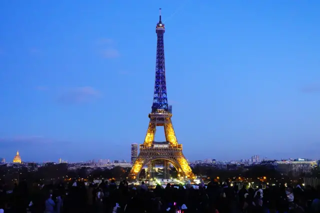 The Eiffel Tower is lit in the Ukrainian national colours