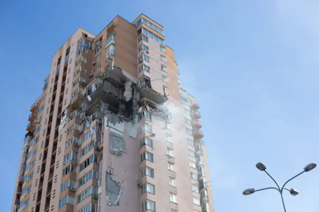 A view to the apartment block in 6A Lobanovsky Avenue which was hit with a missile on February 26, 2022 in Kyiv, Ukraine.