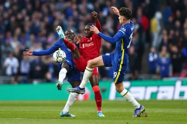 Chelsea's N'Golo Kante challenges Liverpool's Naby Keita