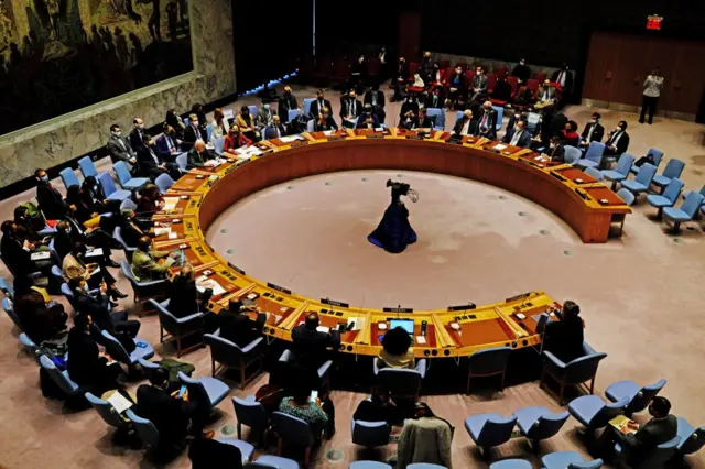 The United Nations Security Council meets at the UN Headquarters in New York City on February 27, 2022.