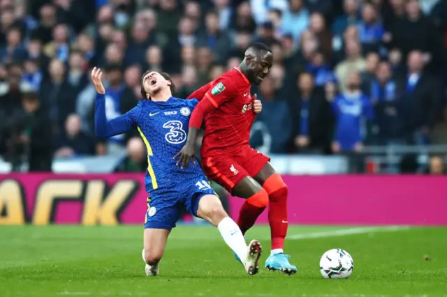 Liverpool's Naby Keita fouls Chelsea's Mason Mount