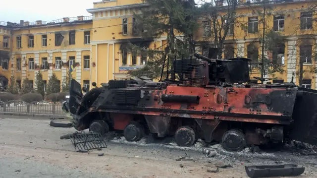 Destroyed Russian armoured vehicle in Kharkiv