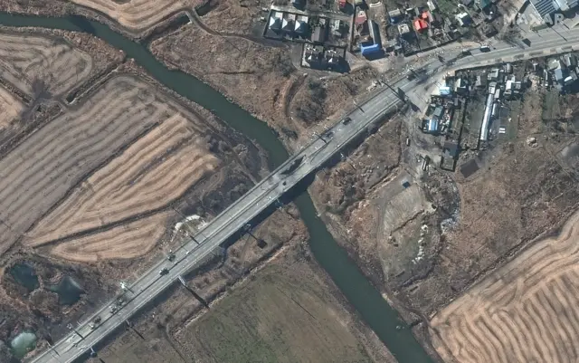 Evidence of a damaged bridge west of Kyiv