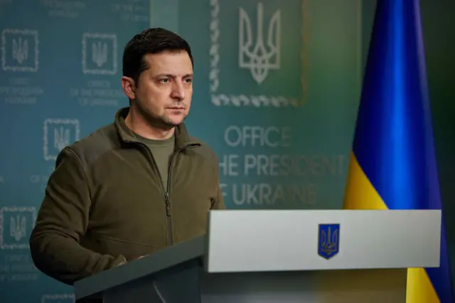 Ukraine's President Volodymyr Zelensky holds a press conference on Russia's military operation in Ukraine, on February 25, 2022