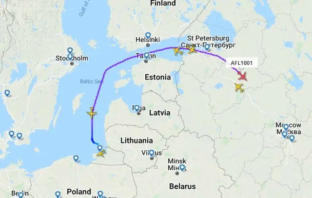 Virtual image of Russian planes travelling from Kaliningrad to Moscow