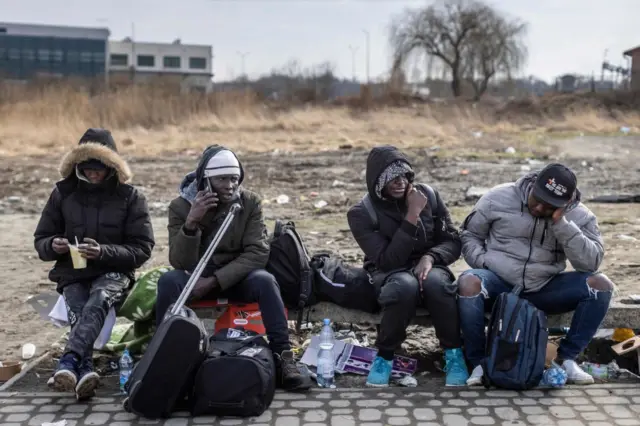 Refugees from many different countries - from Africa, Middle East and India - mostly students of Ukrainian universities are seen at the Medyka pedestrian border crossing fleeing the conflict in Ukraine, in eastern Poland on February 27, 2022