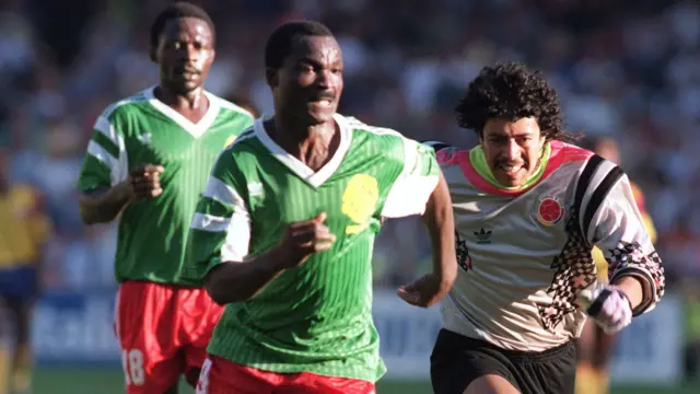 Roger Milla in action at the 1990 World Cup