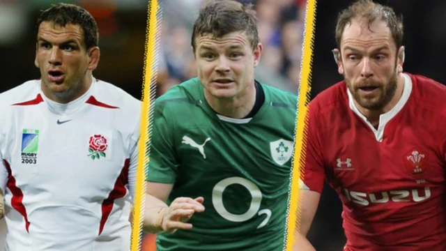 (Left to right) Former England captain Martin Johnson, ex-Ireland captain Brian O'Driscoll and Wales skipper Alun Wyn Jones