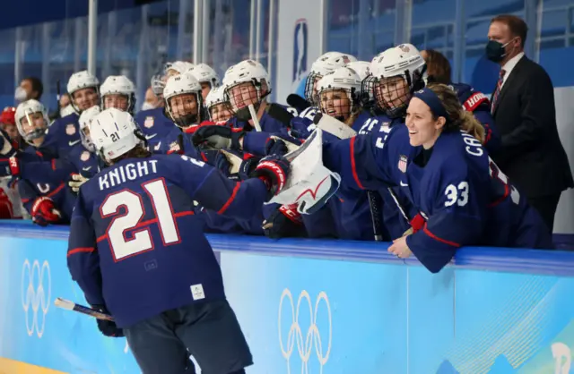 USA's female ice hockey team celebrates