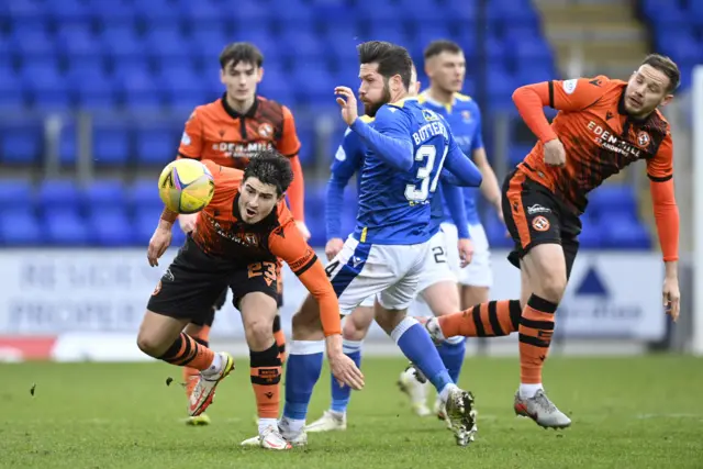 St Johnstone and United scrap for possession.