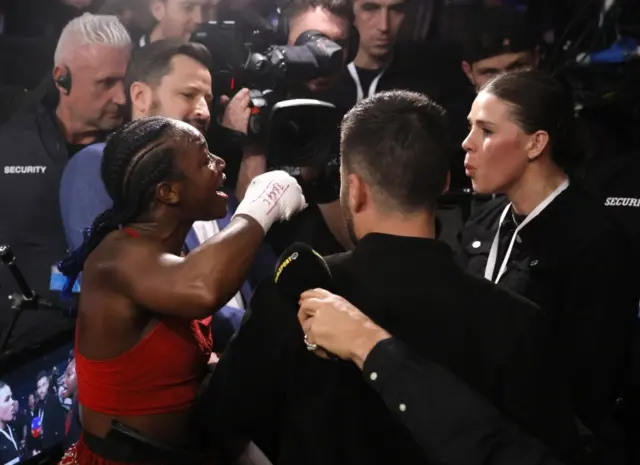 Claressa Shields clashes with Savannah Marshall outside the ring after beating Ema Kozin