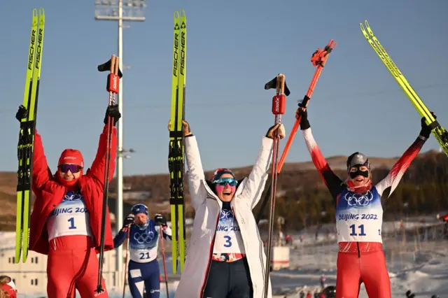 Therese Johaug, Teresa Stadlober and Natalia Nepryaeva celebrating