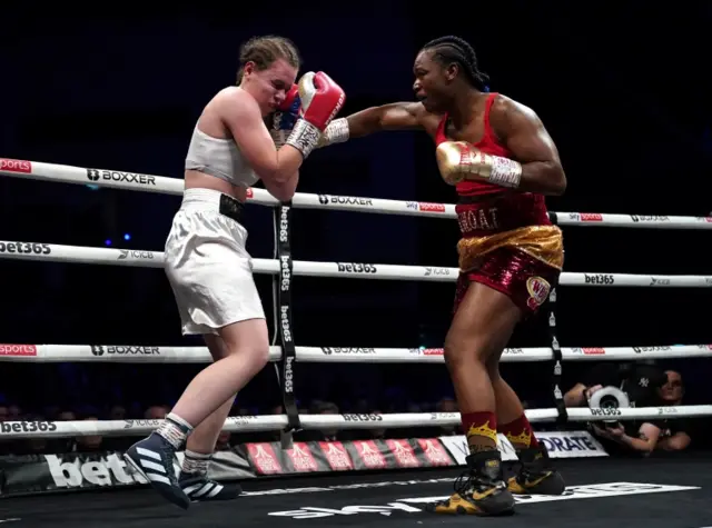 Ema Kozin (left) takes a shot from Claressa Shields at the Motorpoint Arena Cardiff