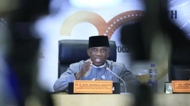 African Union Commissioner for Political Affairs, Peace and Security, Ambassador Bankole Adeoye holds a press conference within the 35th session of the African Union Summit in Addis Ababa, Ethiopia on February 06, 2022.