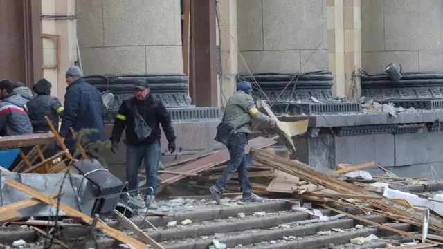 A view shows the damaged regional administration building in Kharkiv