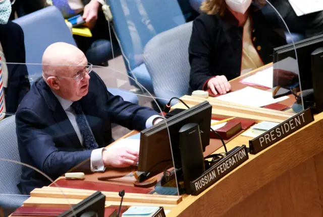 Permanent Representative of the Russian Federation to the United Nations (UN) Vassily Nebenzia speaks during the United Nations Security Council meeting at United Nations headquarters on February 28, 2022 in New York City.