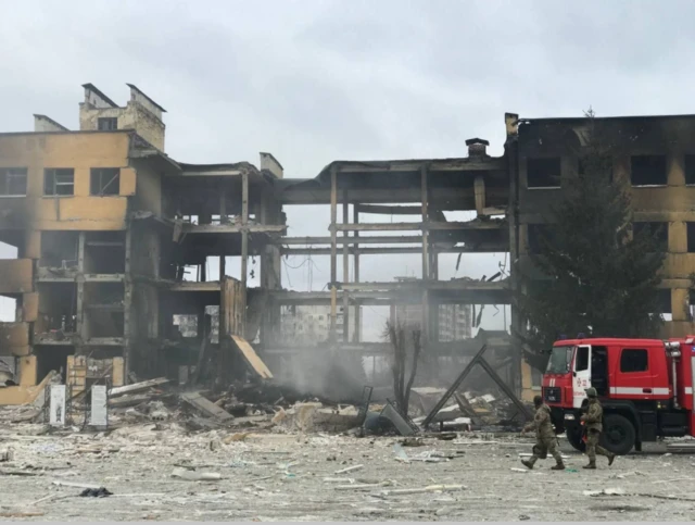 The shelled out remains of the Ukraine military base in Okhtyrka