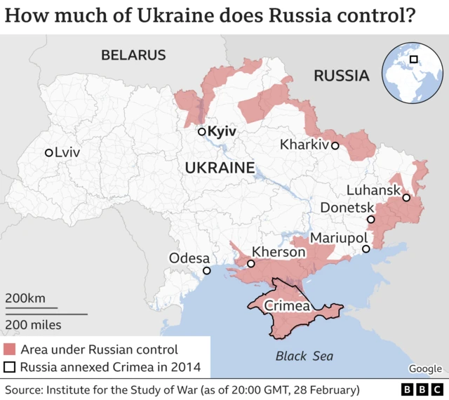 Map showing the areas of Ukraine under Russian control.