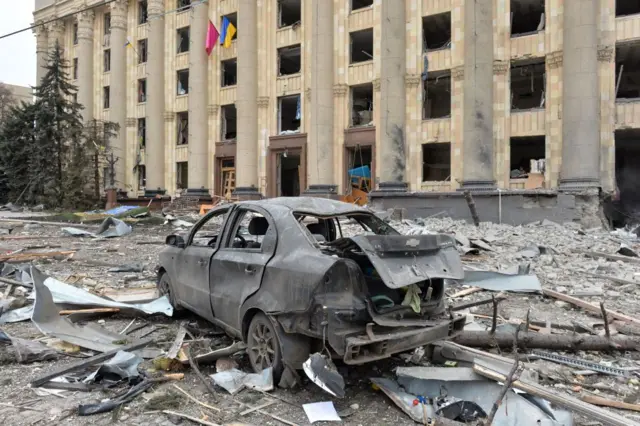 The damaged local city hall of Kharkiv on March 1, 2022, destroyed as a result of Russian troop shelling