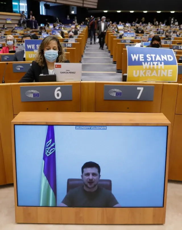 Ukrainian President Volodymyr Zelensky addresses members of the European Parliament via video conference