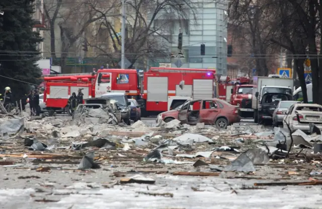 A view shows the area near the regional administration building, which city officials said was hit by a missile attack, in central Kharkiv, Ukraine, March 1,