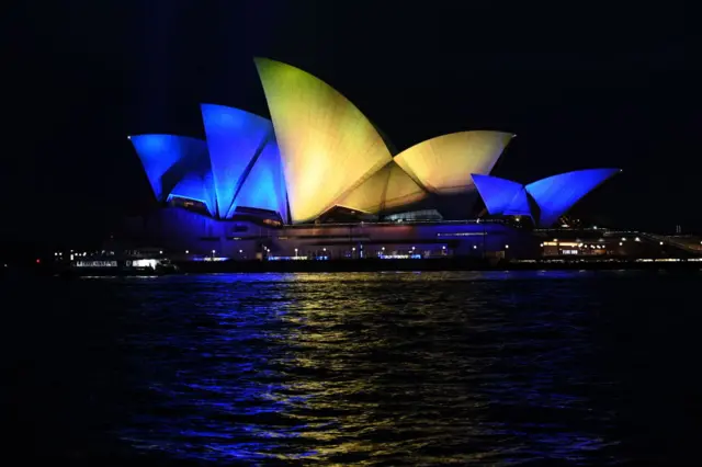 The Sydney Opera House has been lit with the colours of the Ukrainian flag