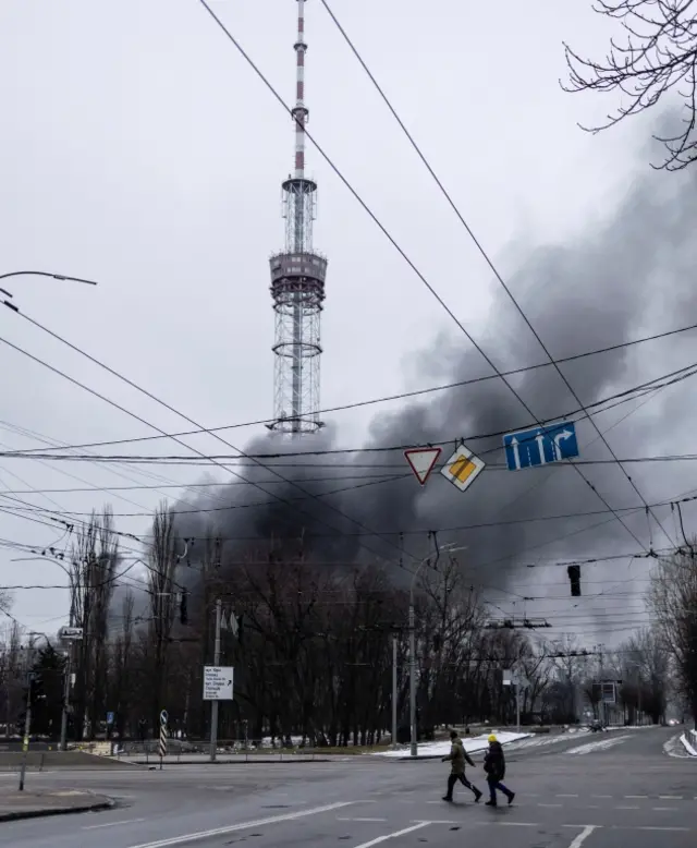 Smoke billows from the TV tower in Kyiv, Ukraine, on 1 March 2022