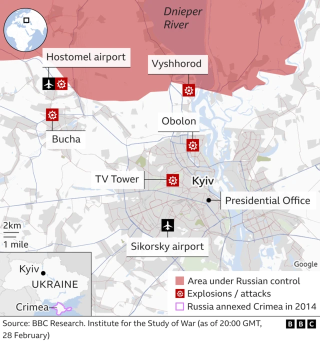 Map of Kyiv shows location of TV tower