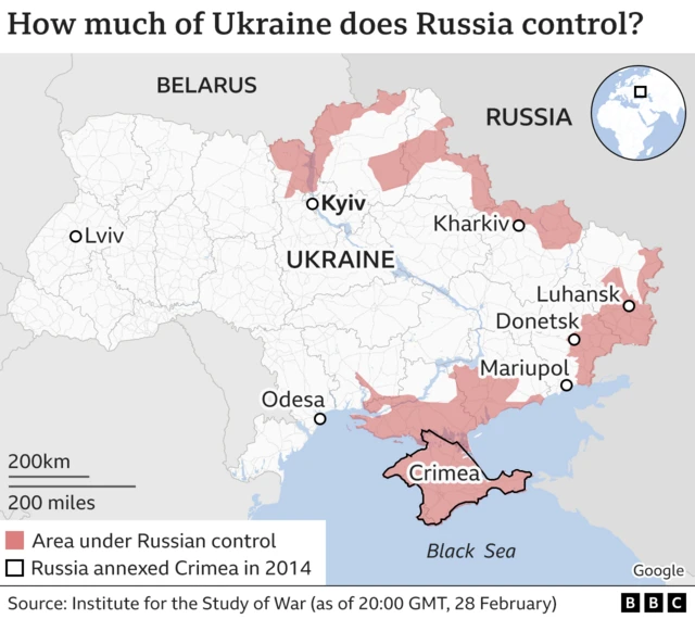 A map showing how much of Ukraine is in Russia's control.